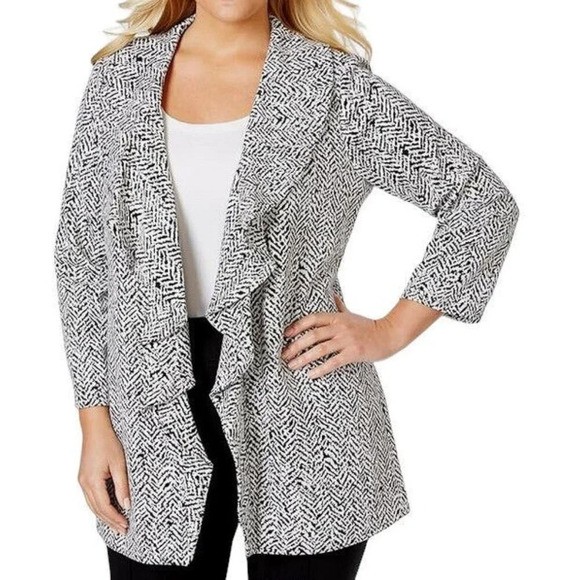 Calvin Klein Waterfall Open Knit Jacket‎ Blazer, Size 4 Petite, Black & White - Picture 1 of 8